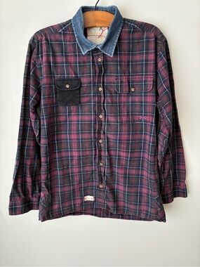Marshall Artist Shirt Women’s XL Plaid Flannel Elbow Patches 2010 Denim Collar